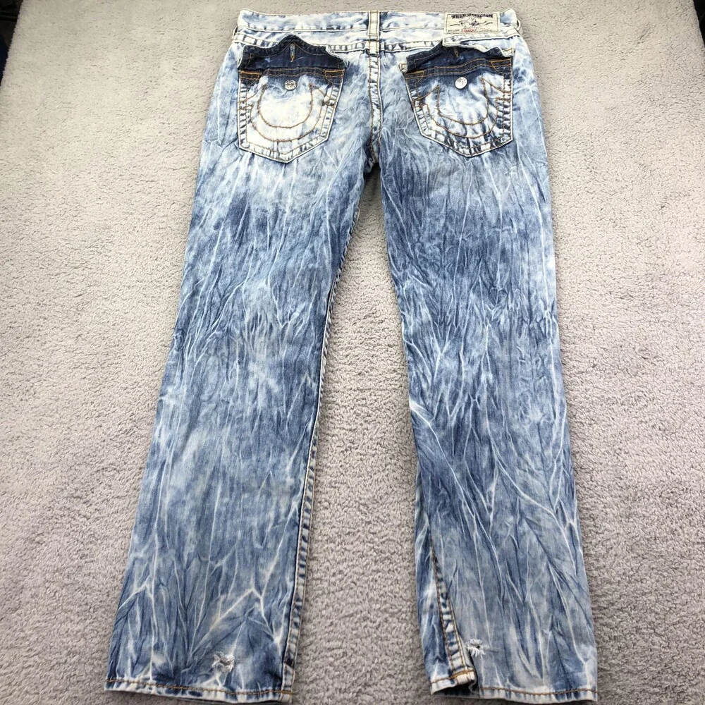 True Religion Jeans Mens 38x32 Blue Straight Acid Wash Distressed Denim